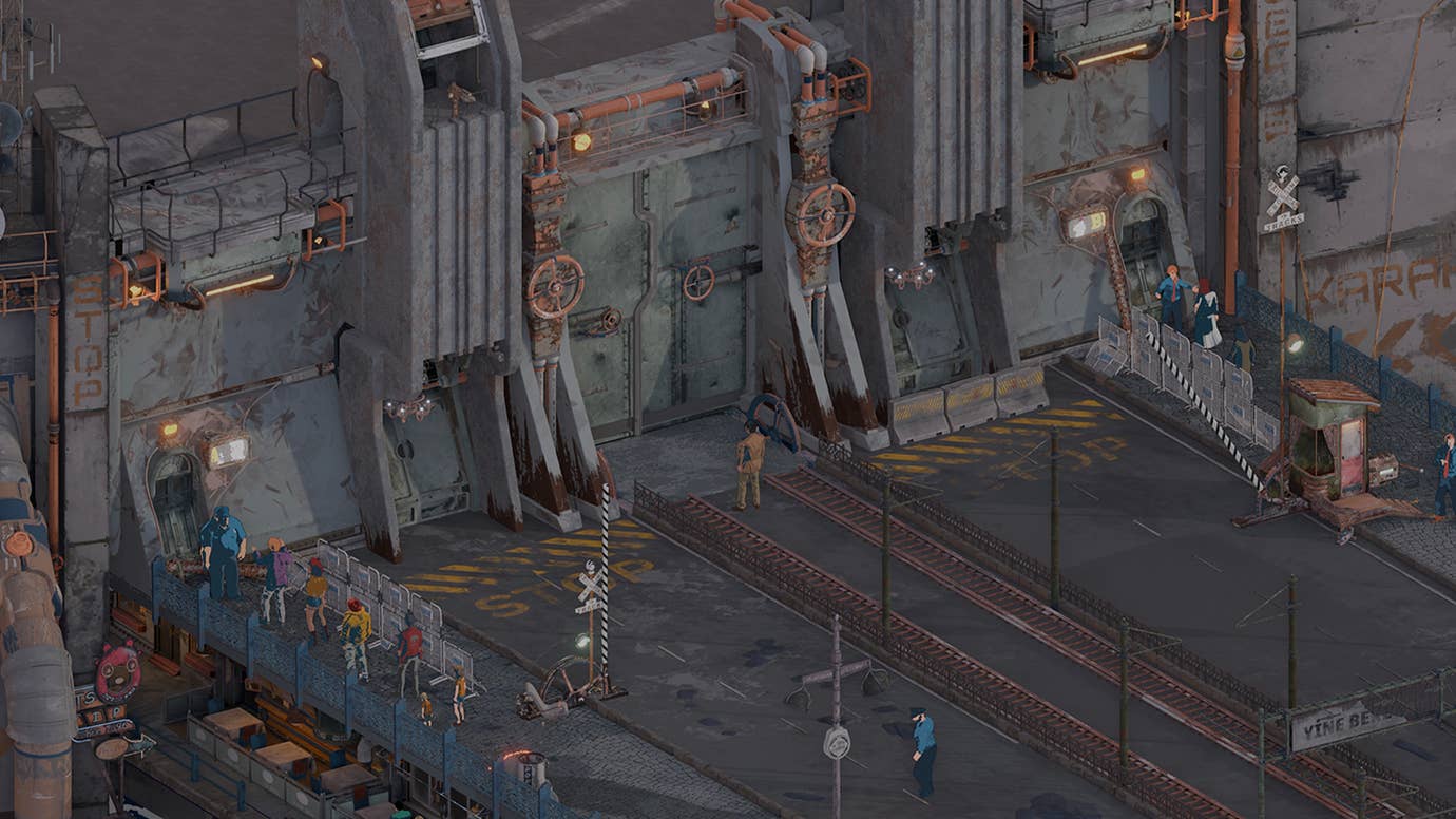 A huge metal door in a big wall with people queuing outside, from the Istanbul-set RPG Pera Coda